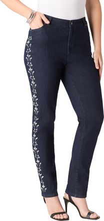 Roaman's Plus Size Embellished Straight Leg Jean in Indigo Embellished Vine at Nordstrom, Size 26