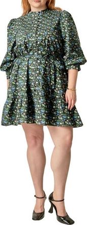 English Factory Floral Print Pintuck Smock Minidress in Black Multi at Nordstrom, Size 1X