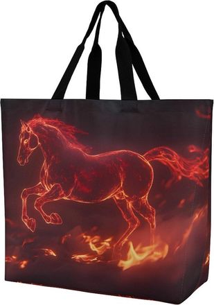 Generic Glowing Red Running Horse Reusable Shopping Bags One Shoulder Grocery Tote Bag Waterproof Big Purse for Work Travel
