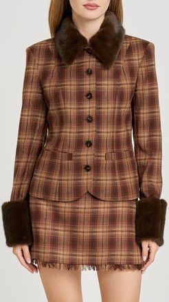 Wayf x Sara Walker Emily Faux Fur Jacket in Brown Plaid at Nordstrom, Size X-Large