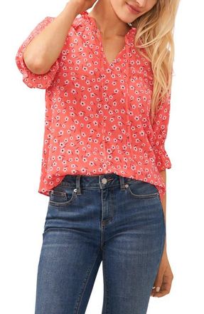 CeCe by Cynthia Steffe Floral Split Neck Blouse in Calypso Coral at Nordstrom, Size X-Small
