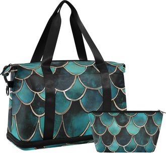 Alaza Teal Color Mermaid Scale Gym Bag Sports Duffel Bag with Shoes Compartment, Overnight Weekender Travel Tote Bag for Women Men Trip College
