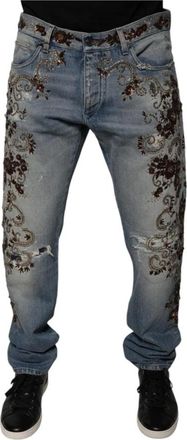 Dolce & Gabbana Bloemenborduurwerk Skinny Jeans - Heren - Regular Fit Jeans - Blauw - XL - Katoen - Jeans