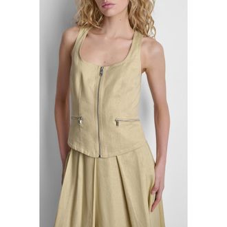 DKNY Linen Blend Sleeveless Zip Front Top in Mojave Desert at Nordstrom, Size Xx-Small