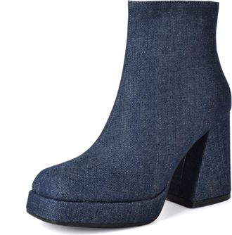 Generic Womens Ankle-High Denim Fabric Boots Round Toe Slip On Side Zipper Thick Platform Chunky Block Heels Reinforced Stitching Durable Design,Dark Blue,5.5