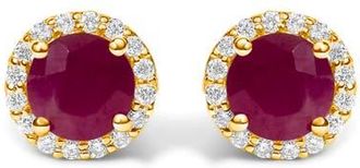 House of Brilliance 10K Gold Gemstone and 1/6 Cttw Diamond Halo Stud Earring in Yellow | Red Ruby at Nordstrom