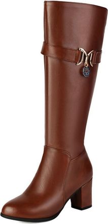 Generic Womens Round Toe Knee High Boots PU Leather Knight Long Boot with Side Zipper Mid Block Heel Retro Tall Boot,Brown,6.5 UK