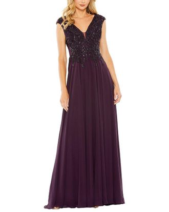 Mac Duggal Appliqued Cap Sleeve Bodice Flowy Gown