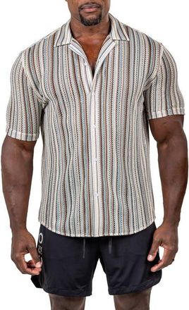 Maceoo Marthy Knit Short Sleeve Button-Up Shirt in Brown at Nordstrom, Size 6