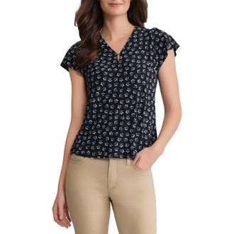 Jones New York Floral Flutter Sleeve Top in Jones Black/Chintz Blue at Nordstrom, Size X-Small