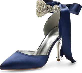 Miyoopark Wedding and Evening Shoes for Women Prom Pumps with Ribbon M531 Dark Blue UK 8.5