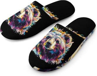Generic Bear Colorful Drawing Cotton Slippers for Men Memory Foam House Slippers Soft Anti-skid Sole Indoor Outdoor Shoes