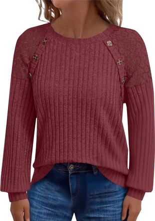 Generic Womens Jumpers Sweatshirts for Women Uk Lightweight Lace Button Long Sleeve Sweaters Ladies Crew Neck Comfy Loose Jumpers Fashion Casual Tunics Croche