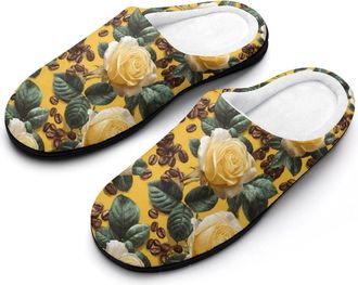 Generic Coffee Beans Yellow Roses Funny Mens Cotton Slippers Soft Non-Slip Rubber Sole House Slipper Indoor Outdoor