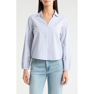 Lucky Brand Cutwork Detail Stripe Cotton Button-Up Shirt in Light Seashell at Nordstrom, Size Xx-Large