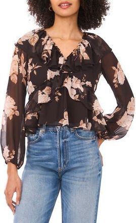 Parker Floral Ruffle Long Sleeve Chiffon Crop Top in Chocolate Torte at Nordstrom Rack, Size 16
