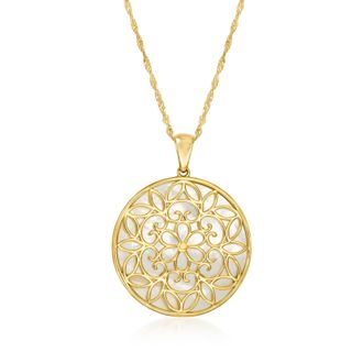 Ross-Simons Mother-Of-Pearl Floral Pendant Necklace in 18kt Gold Over Sterling