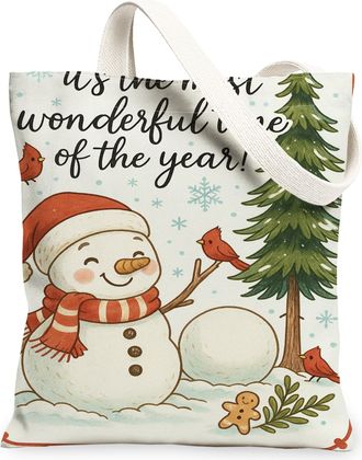 Generic Winter Snow Man Canvas Tote Bags, Cute Snow Man Design Reusable Grocery Bags, Festive Lightweight Washable Shoulder Strap C, White, 13x15 Inch