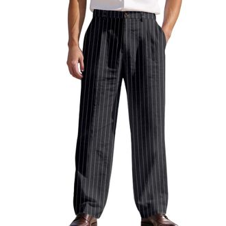 Generic Casual Trousers for Men Mens Slim Striped Casual Tapered Pant Pinstripe Wrinkle Suit Pant Lightweight Business Dress Trousers(Black,3XL)