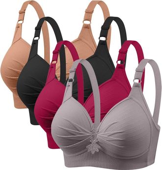 Generic Anti Sagging Bras for Older Women 4 Pack Bra Wireless Full Coverage Lace Bralette Adjustable Straps Soft Bras for Women UK Push Up Comfort Bralette La