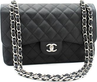 Chanel Double Flap Black Leather Shoulder Bag (Pre-Owned)