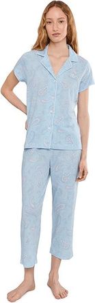 Lauren Ralph Lauren Knit Short Sleeve Notch Collar Cropped Pants Pajama Set Womens Pajama Sets Blue Paisley : XL (US 16-18), Cotton/Viscose