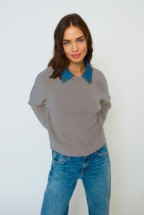 Central Park West Dash Denim Collar Pullover in Heather Grey at Nordstrom, Size X-Small