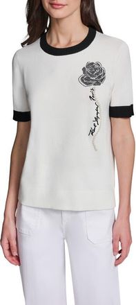 Karl Lagerfeld Beaded Rose & Faux Pearl Detail Short Sleeve Sweater in Soft White/Black at Nordstrom, Size X-Large