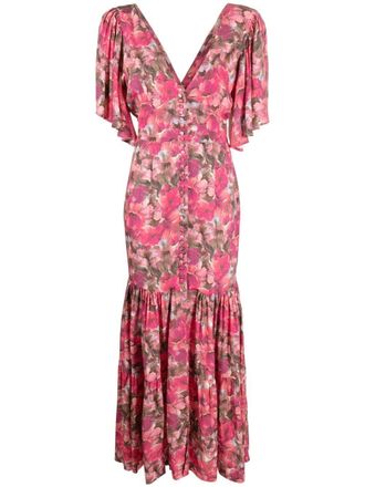 Rotate floral-print V-neck dress - women - Viscose/Polyester - 34 - Pink