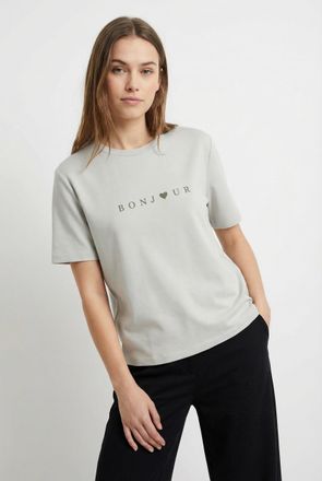 Vila Kurzarmshirt VILA VISYBILLA FRENCH O-NECK S/S TOP/PB/LC, Damen, Gr. XL, snow wei&szlig; detail:bonjour olivine, Jersey, Obermaterial: 100% Baumwolle, bedruc