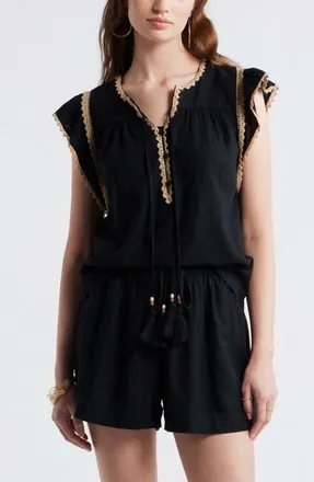 Treasure & Bond Crochet Trim Linen Blend Top in Black at Nordstrom, Size Xx-Small