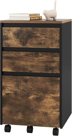 Woltu Cassettiera Portadocumenti Da Ufficio In Legno 3 Cassetti + Ruote, Rovere Vintage E Nero - Woltu