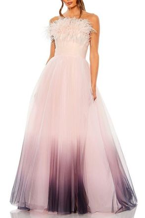 Mac Duggal Womens Ombre Strapless Ombre Feather Tulle Gown in Pink Ombre at Nordstrom, Size 12