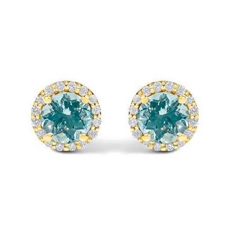 House of Brilliance 10K Gold Gemstone and 1/6 Cttw Diamond Halo Stud Earring in Yellow | Blue Aquamarine at Nordstrom