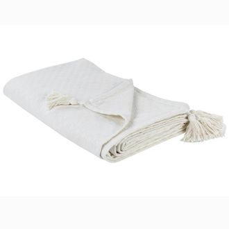 Beliani Beliani - Colcha Con Borlas Para Cama Algod&oacute;n 150 X 200 Cm Blanco Crema Lindula