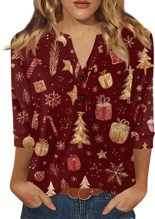 Generic Womens Christmas Tops UK Funny Xmas Tree Red Wine Glass Cow Print Blouse Casual Cozy Sweatshirt Tops Christmas Long Sleeve Shirt for Women 3/4 Sleeve 