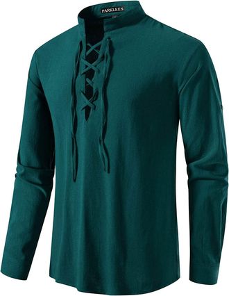 PARKLEES Mens Cotton Retro Lace Up Long Sleeve Shirts for Renaissance Pirate Viking Medieval Halloween Cosplay Costumes Teal XX-Large
