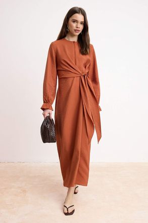 Trendyol Modest Dames Bruin Effen Maxi Lang Skater Modest Jurken