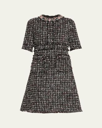 Teri Jon Crystal-Trim Fringed Tweed Dress
