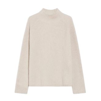 Max Mara Truien & Vesten, Dames, Beige, S, Wol, Ecru Wollen Trui met Engelse Ribbel