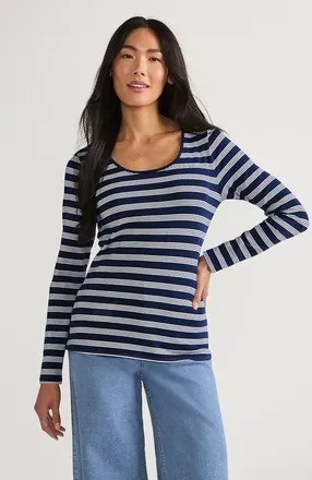 Lands End Long Sleeve Lightweight Jersey Scoop Neck T-Shirt in Deep Sea Navy Quad Stripe at Nordstrom, Size X-Large