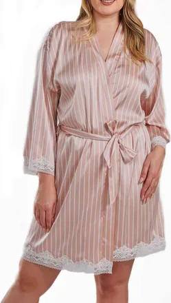 iCollection Silky Satin Stripe Lace Robe Mid-Thigh Length in Pink at Nordstrom, Size 1X