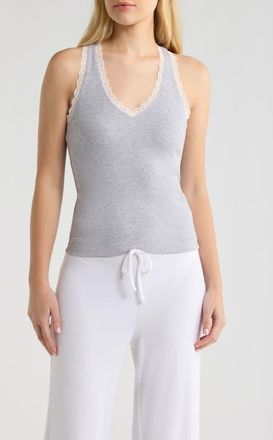 Open Edit Daydream Rib Lace Trim Tank in Grey Heather at Nordstrom, Size X-Small