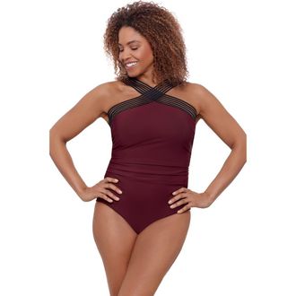 Aqua Green High Criss Cross Neck Full Coverage Novelty Trim One-Piece Swimsuit in Currant at Nordstrom, Size X-Large