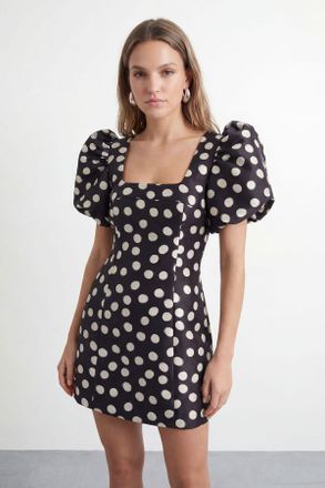 Warehouse Womens Petite Polka Dot Puff Sleeve A-Line Mini Dress - Monochrome Multi - Size 16 UK