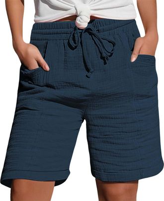 Generic Womens Cotton Linen Shorts with Pockets Drawstring Elastic Waist Breathable Solid Color Knee Length Short Casual Lightweight Bermuda Shorts for Holida