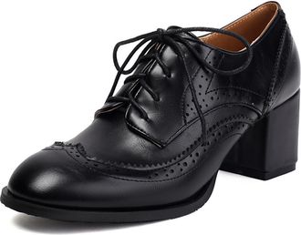 Generic Womens PU Leather Oxfords Brogued Perforation Round Toe Lace-Up Block Heels Contrast Color Heel Adjustable Laces Stable Durable Sole Shoes,Black,8.5 U