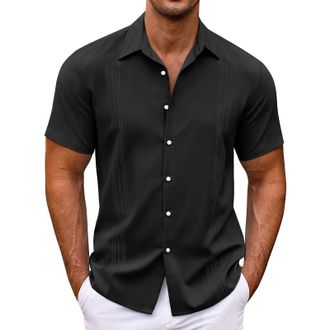 Generic Summer Beach Shirts For Men Adult Button Up Shirt Men Black Striped-Summer Beach Shirt Mens Solid Mens Shirts Short Sleeve Smart Casual Loose Fit Leis