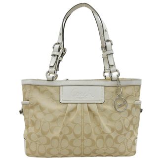 Coach Beige White Signature Line Handbag Tote Bag (Pre-Owned)