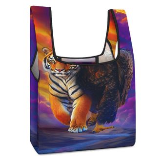 Generic Bald Ea-gles And Tiger Reusable Shopping Bags Lightweight Foldable Grocery Bag Polyester Washable Tote Bag